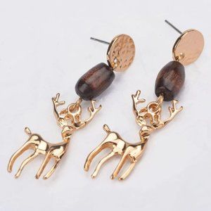 Wooden Christmas Reindeer Gold Drop Earrings